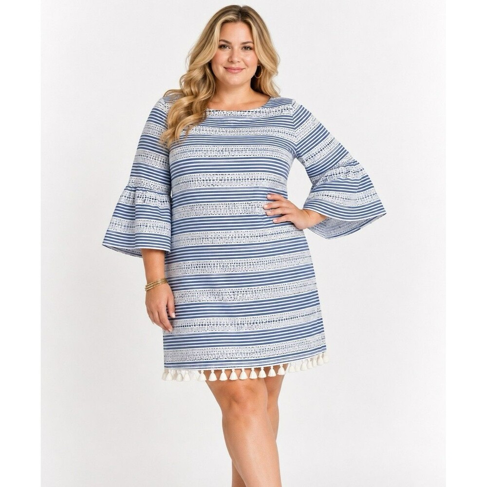 Vince Camuto Blue White Stripe Dress Tassel Eyelet Bell Sleeve Sz 16 Coastal NWT